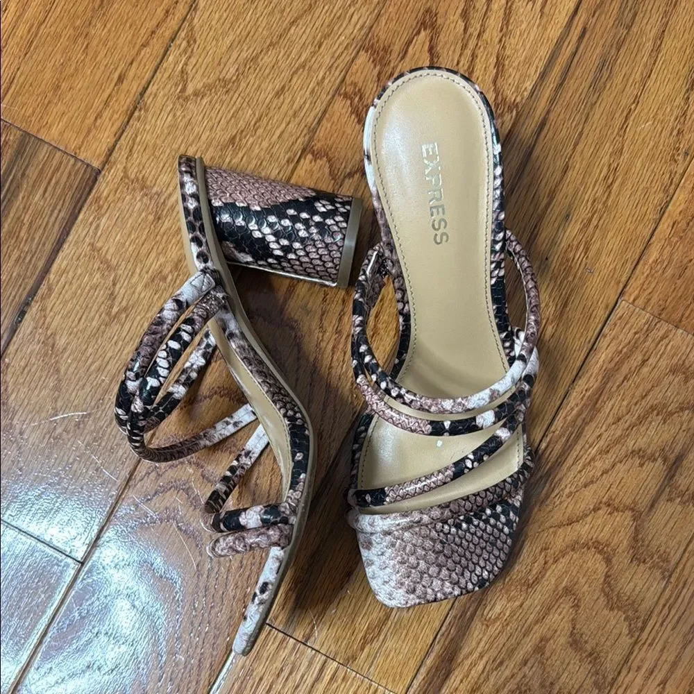 Express Women’s Multi-Strap Snake-Print Slide Sandals in Brown and Cream